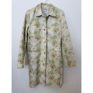 Vintage‎ Y2K Old Navy Floral Botanical Trench Coat Pockets Lined Green Cream L